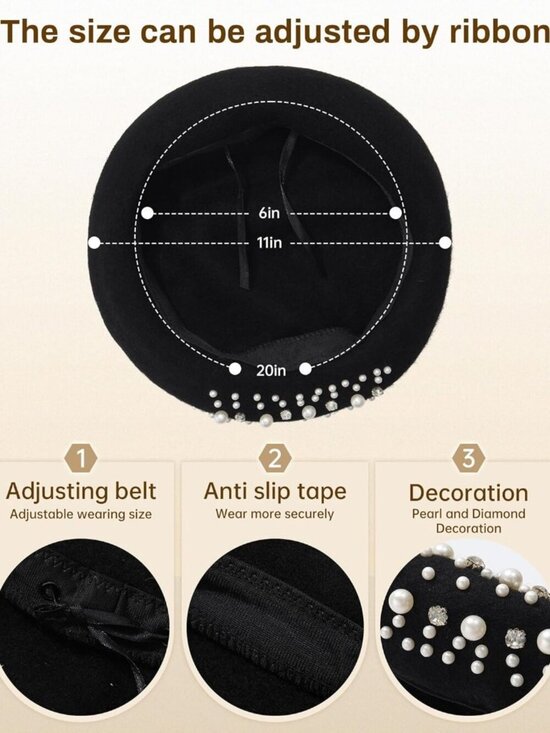 Women\'s Classic French Wool Beret with Pearl Rhinestone Embellishment Hat Black main image 5
